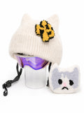 HB Snowear Cat-Ear Mohair Ski Beanie Beige — handcrafted long-pile mohair helmet-compatible beanie