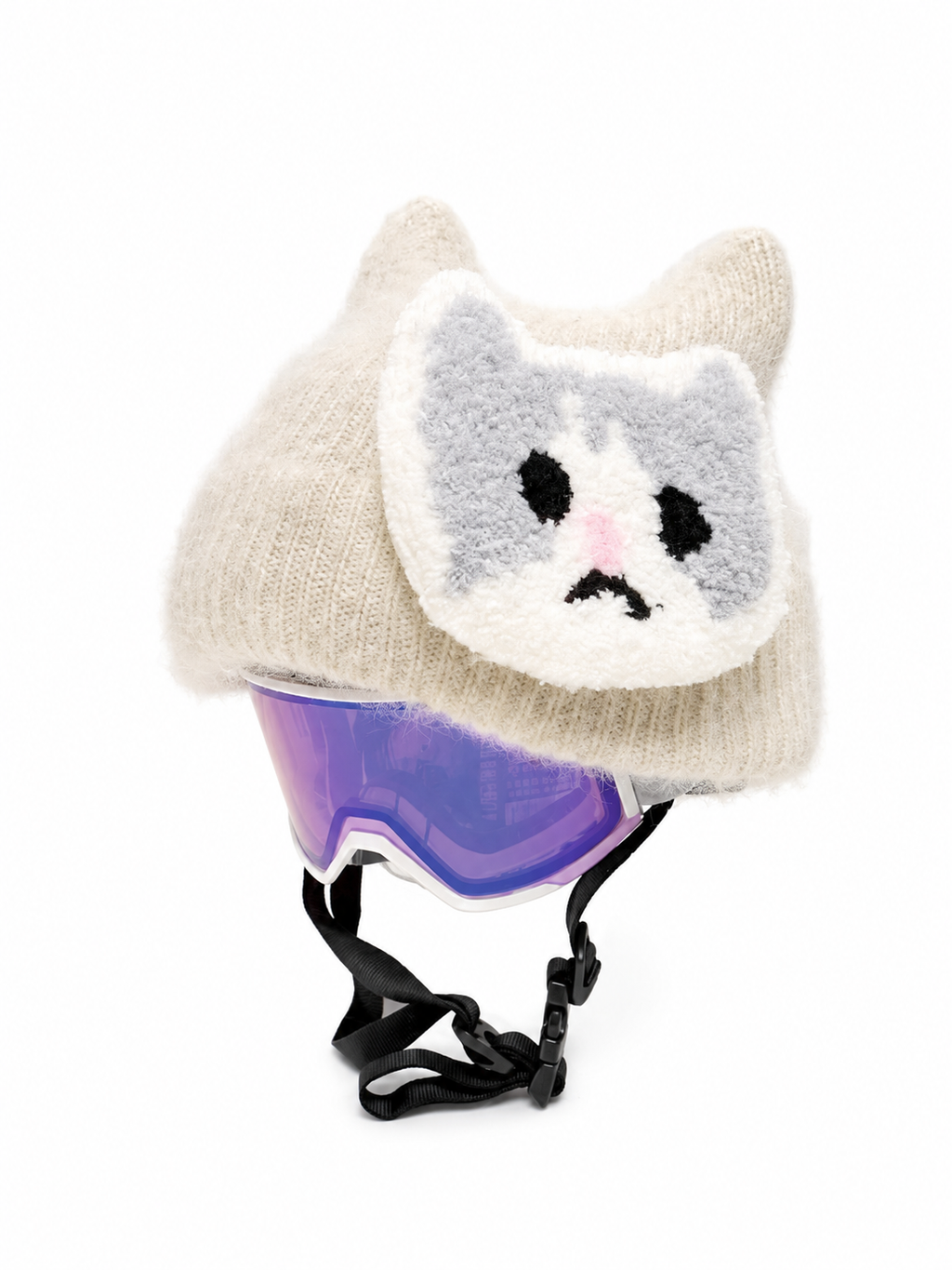 HB Snowear Cat-Ear Mohair Ski Beanie Beige — side view showing iconic cat ear silhouette