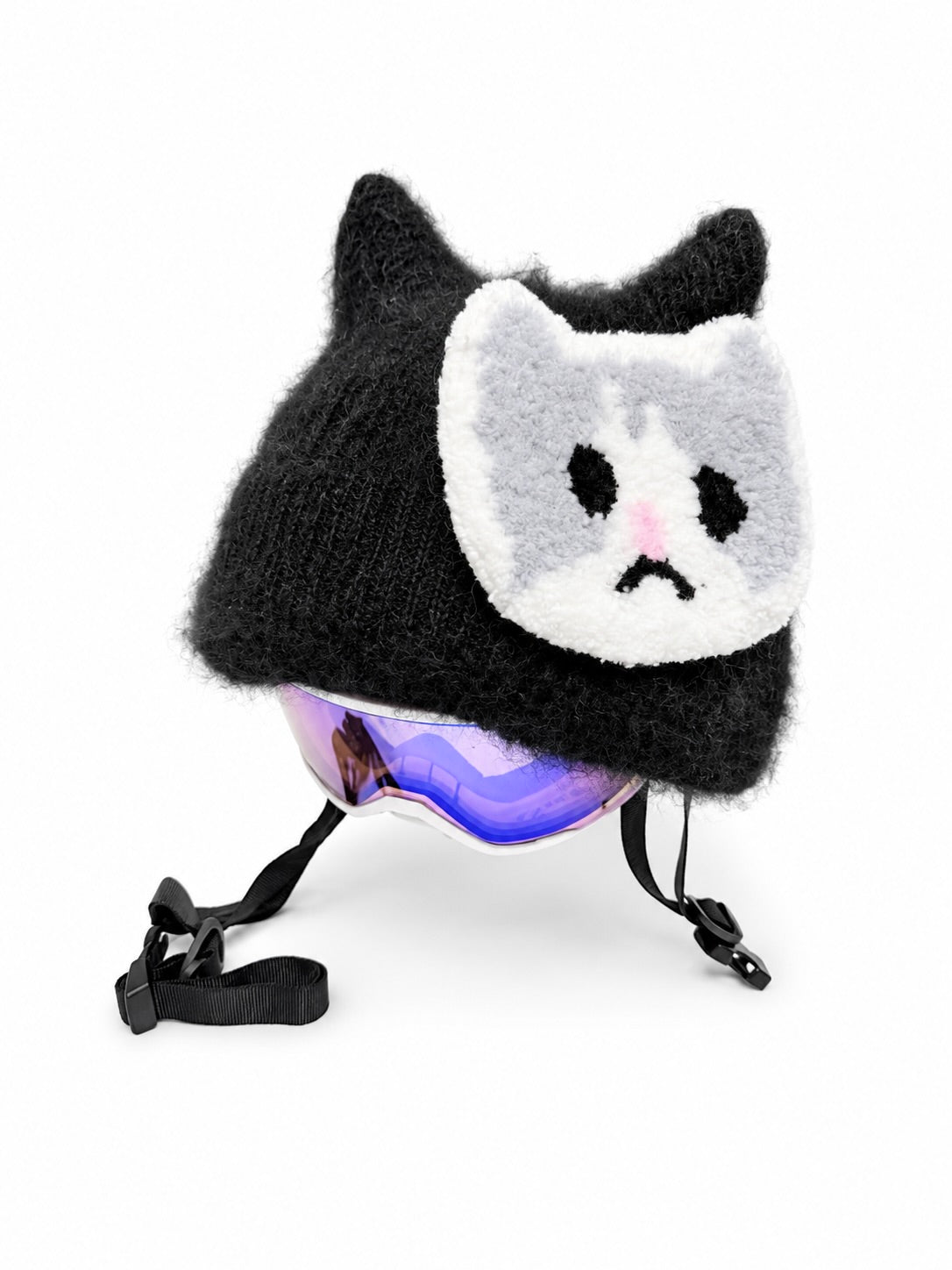HB Snowear Cat-Ear Mohair Ski Beanie Black — back view showing cat ear silhouette on slope