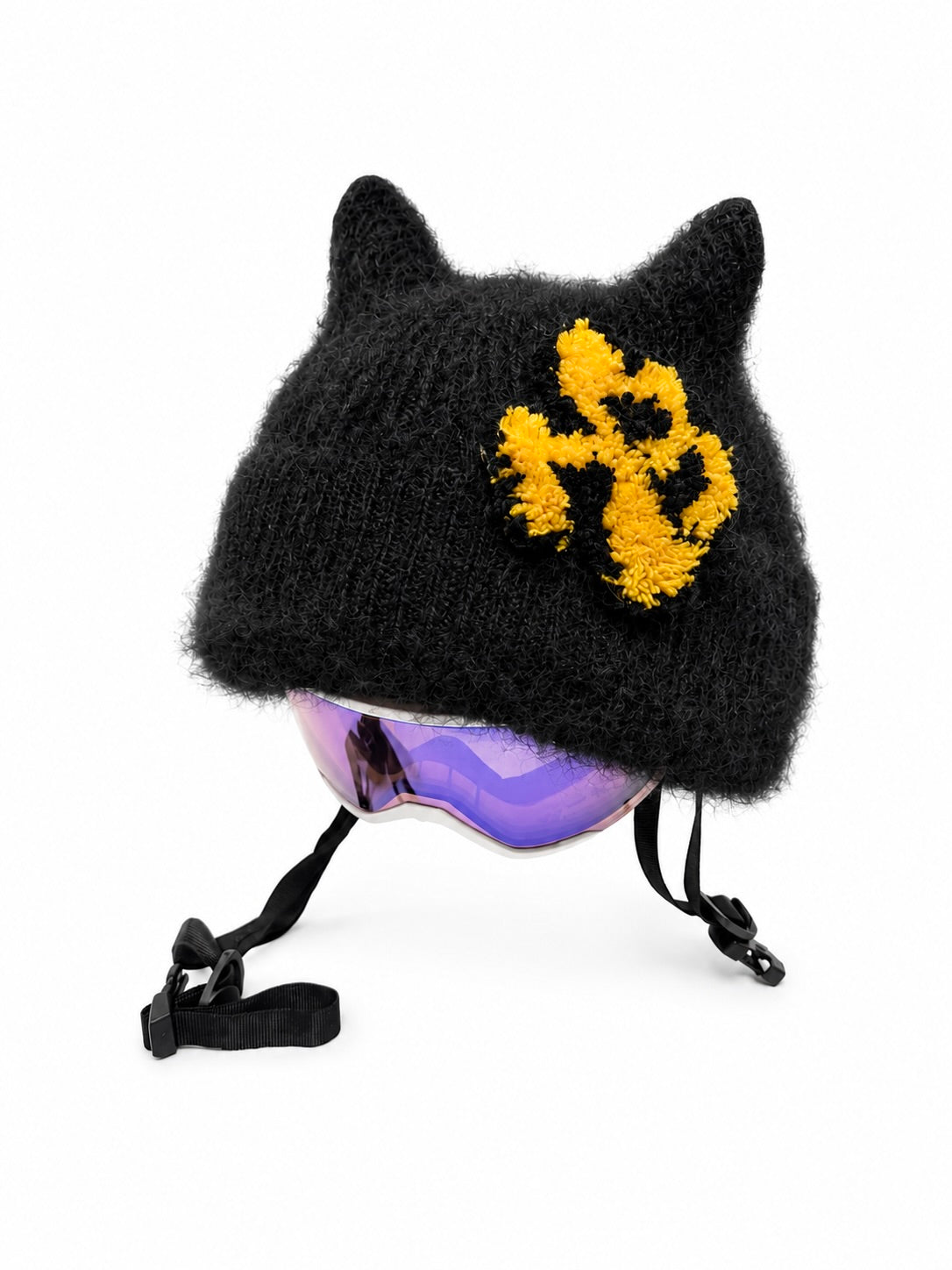HB Snowear Cat-Ear Mohair Ski Beanie Black — detail of long-pile mohair texture