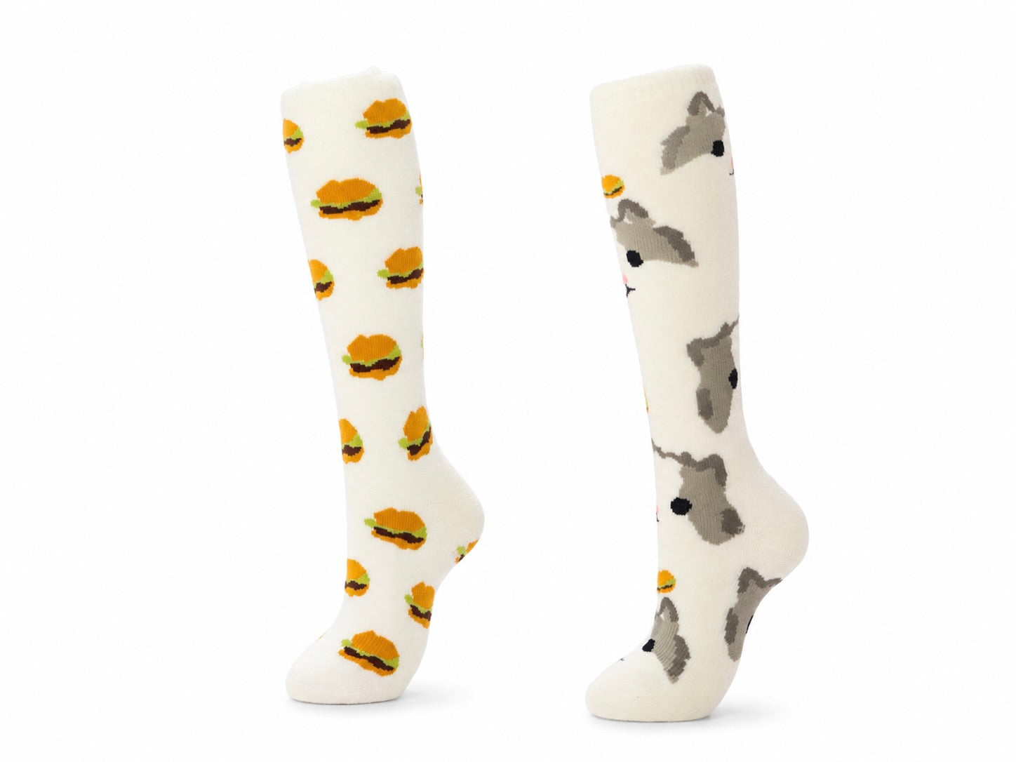 HB Snow Socks Pack — two pairs of superfine merino ski socks bundle including cat and hamburger patterns