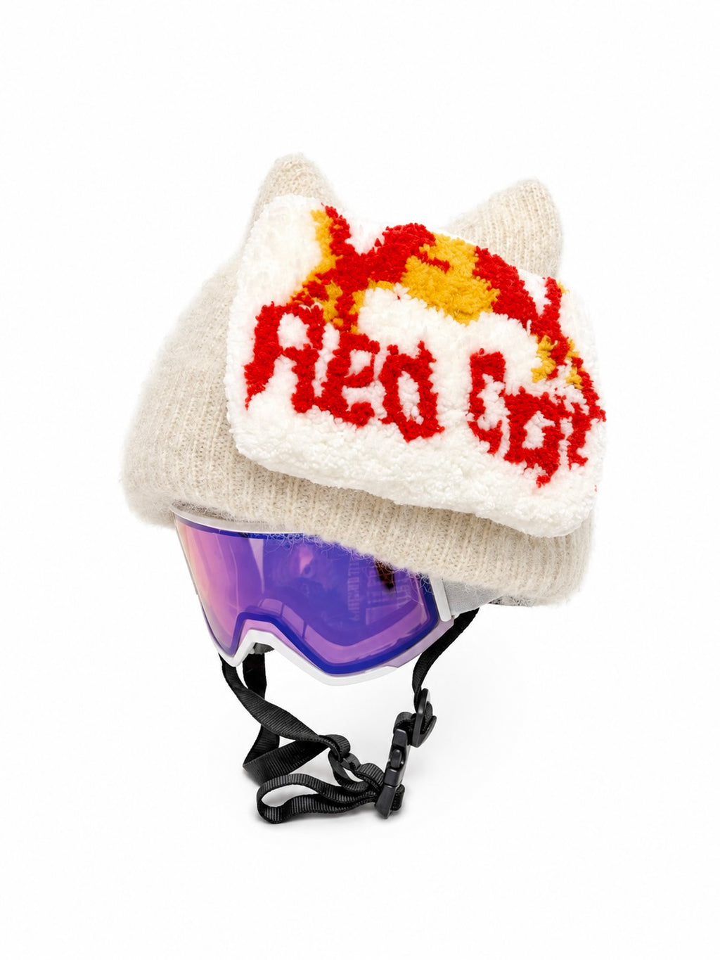 HB Snowear Red Cat Sticker — side view showing raised wool texture and depth