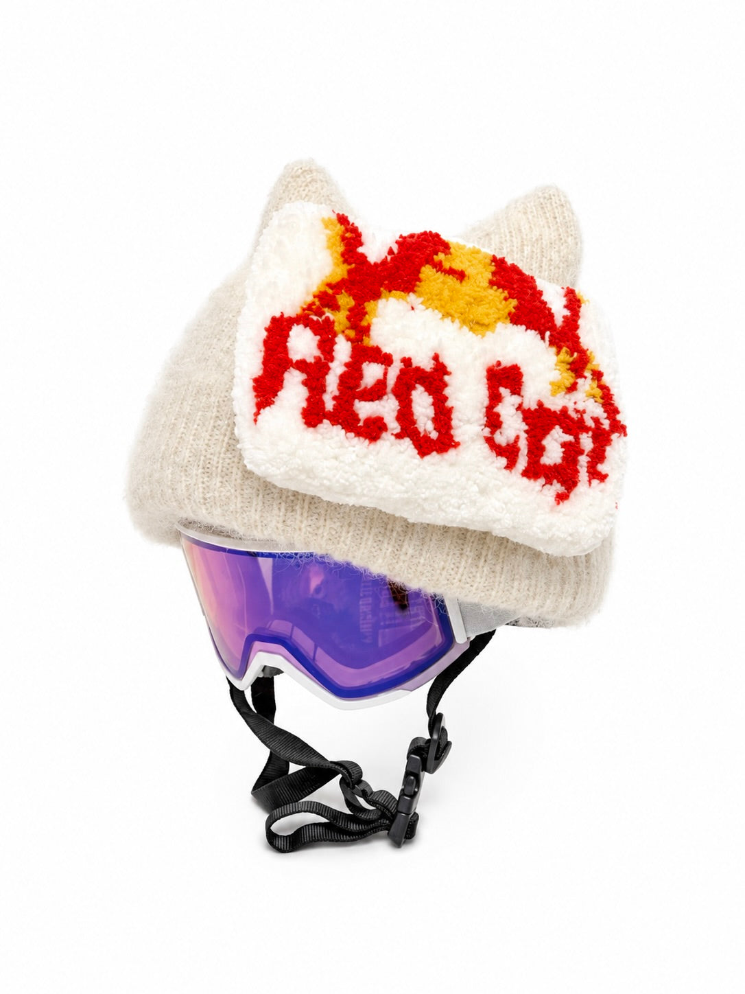 HB Snowear Red Cat Sticker — side view showing raised wool texture and depth