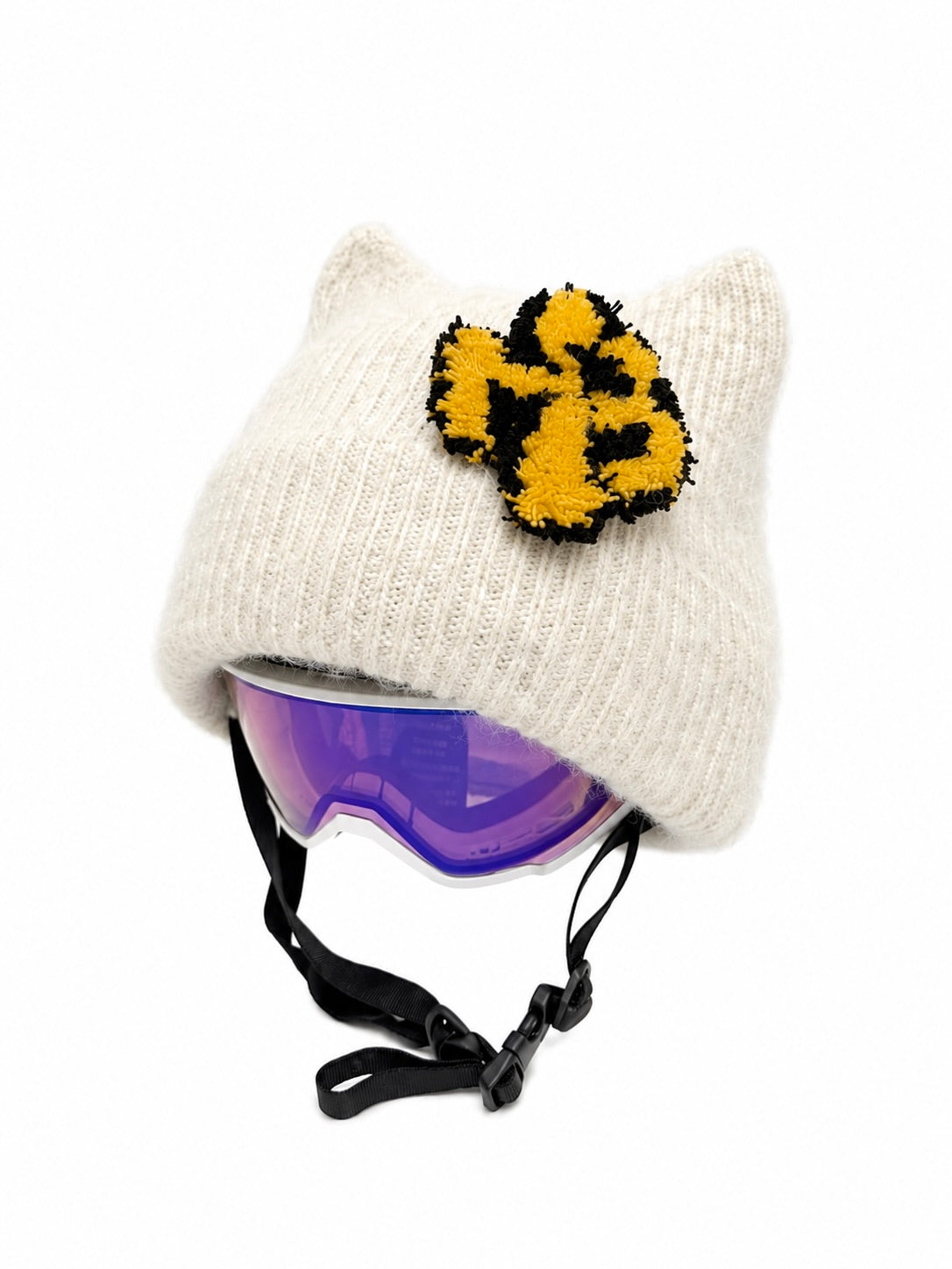 HB Snowear Cat-Ear Mohair Ski Beanie Beige — detail shot of mohair texture