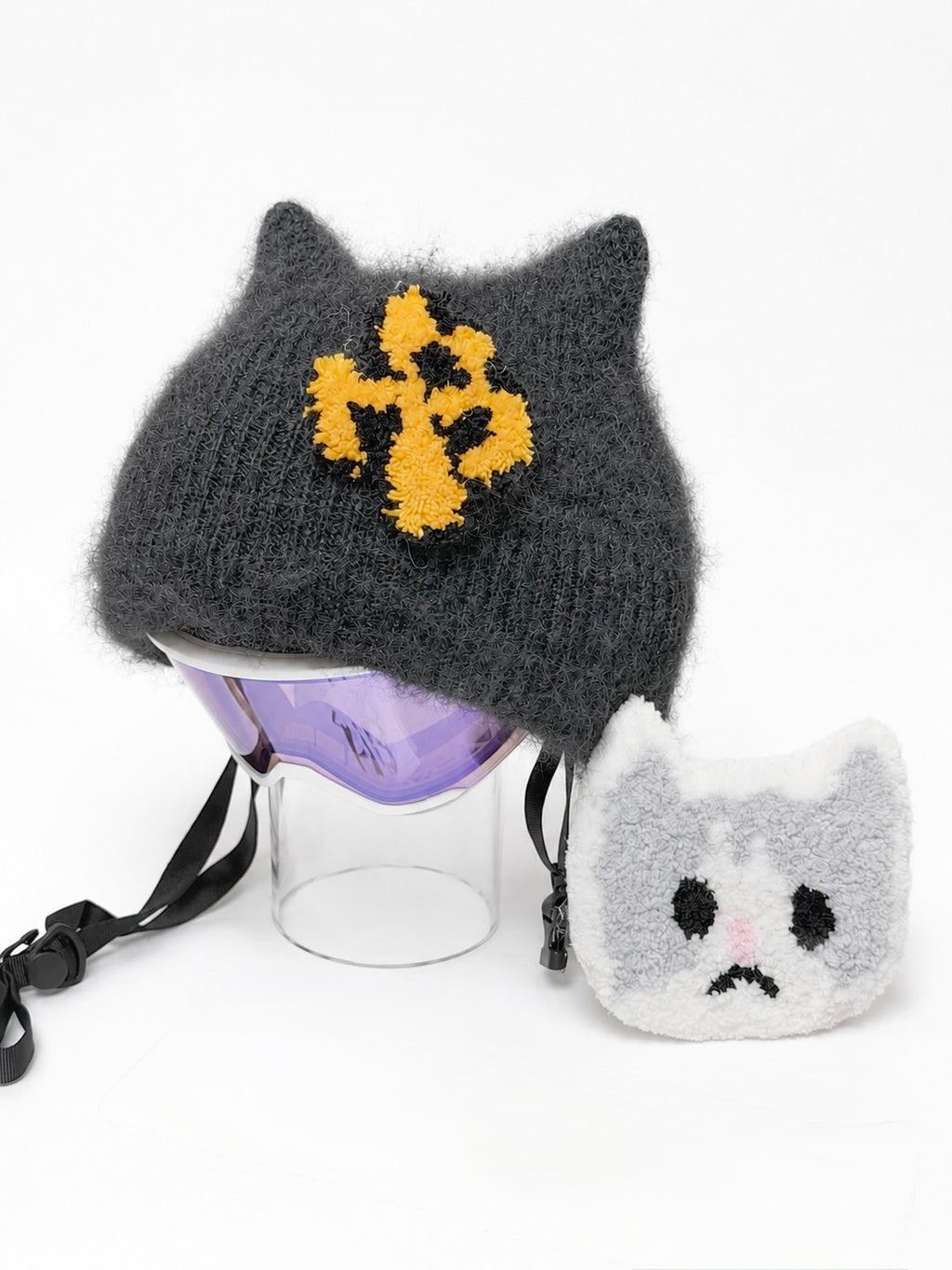 HB Snowear Cat-Ear Mohair Ski Beanie Black — handcrafted long-pile mohair helmet-compatible ski beanie