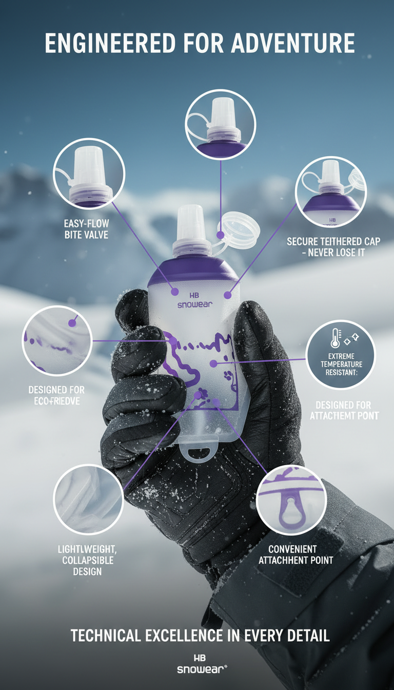 HB Snowear Soft Flask — features infographic showing bite valve collapsible design and cold temperature resistance