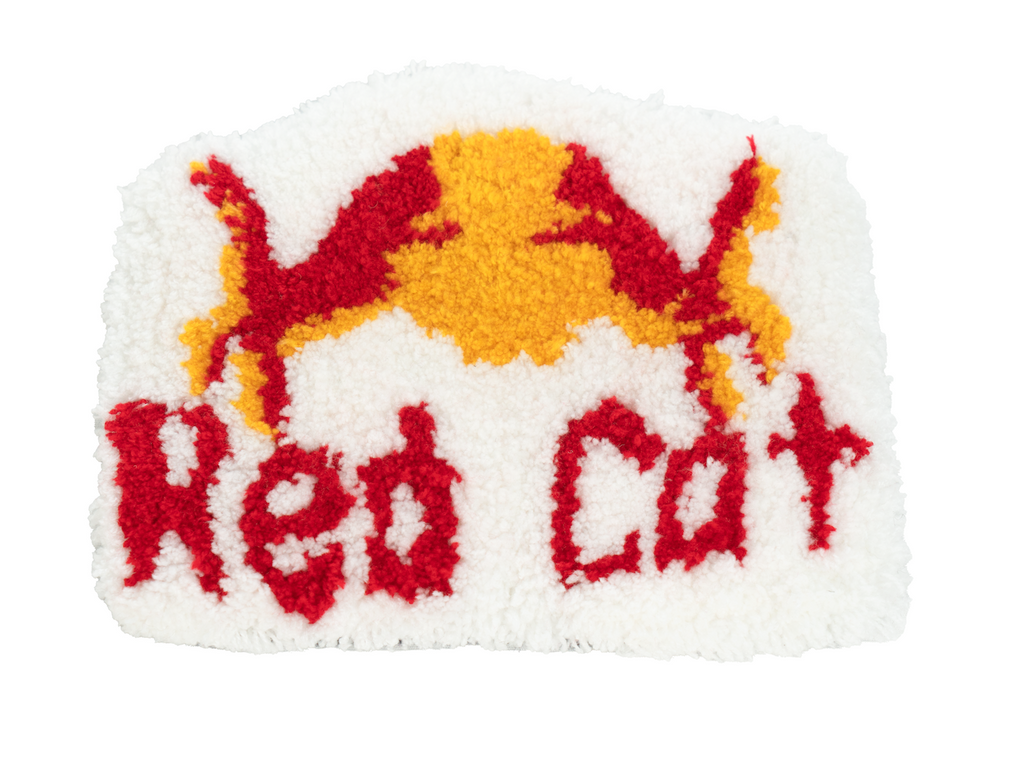 HB Snowear Red Cat Sticker — hand-tufted wool and acrylic Hambao cat textile helmet sticker
