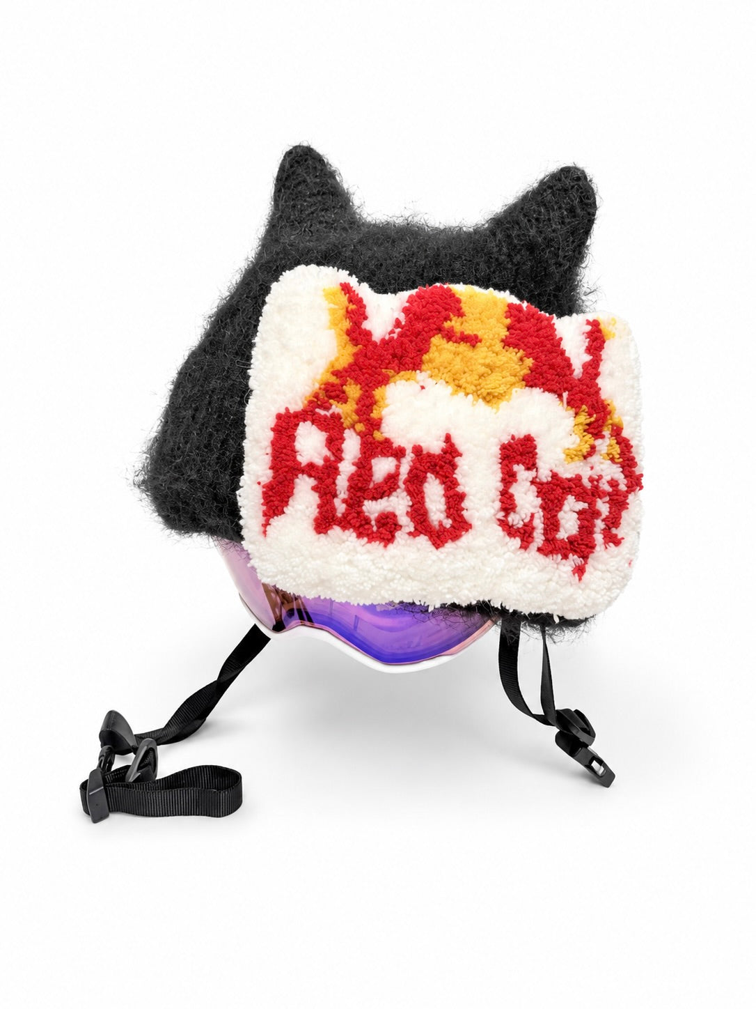 HB Snowear Red Cat Sticker — close-up of hand-tufted wool and acrylic textile craftsmanship