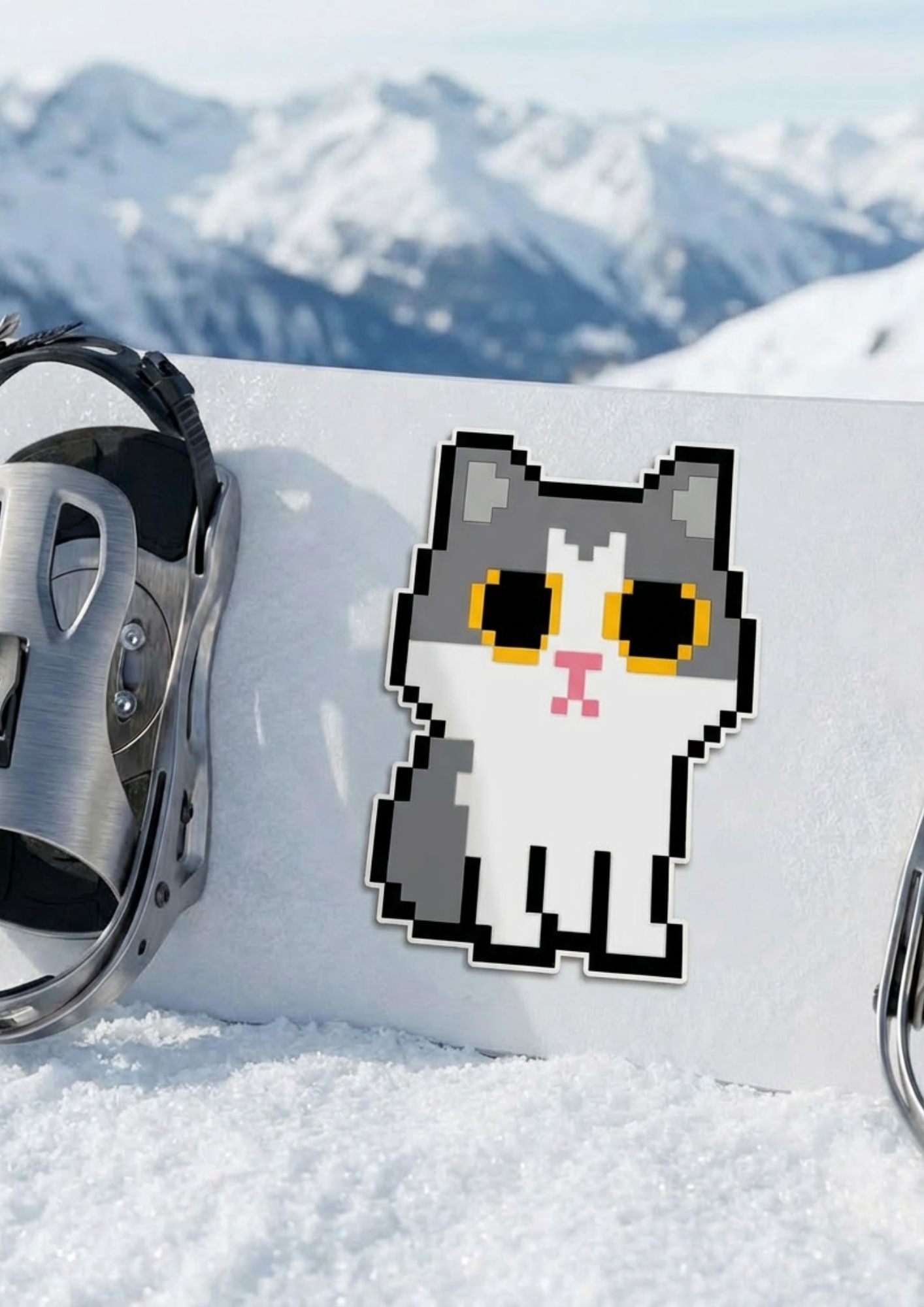 HB Snowear Standing Pixel Cat Stomp Pad — applied between bindings on snowboard at alpine mountain