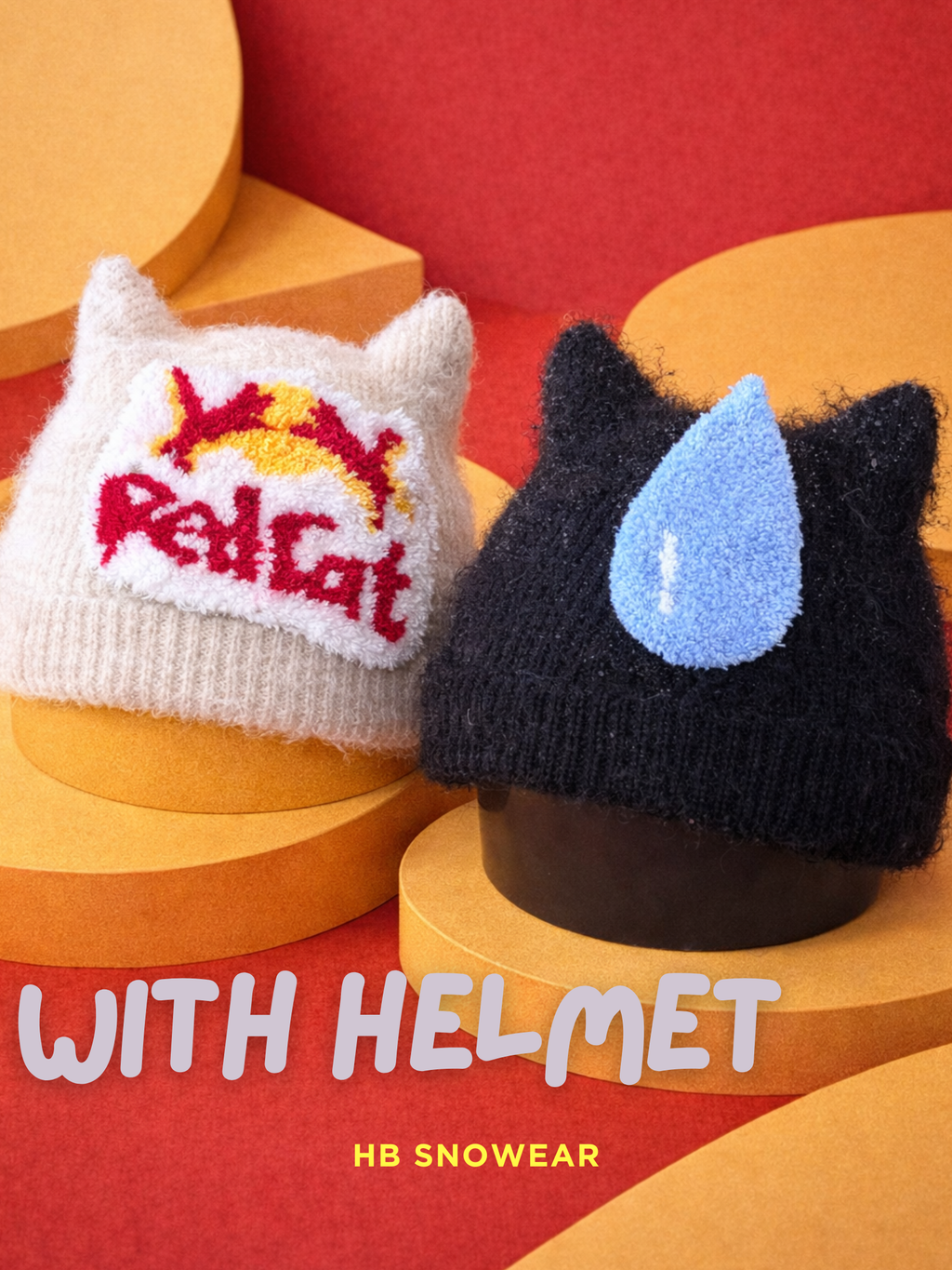 HB Snowear Cat-Ear Mohair Ski Beanie — Black and Beige colourways helmet-compatible showcase